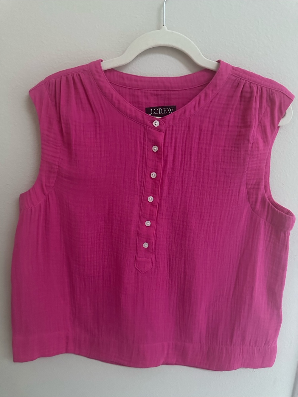 J. Crew Sleeveless Button Henley Top in Bright Pink, 100% Cotton, Size Small
